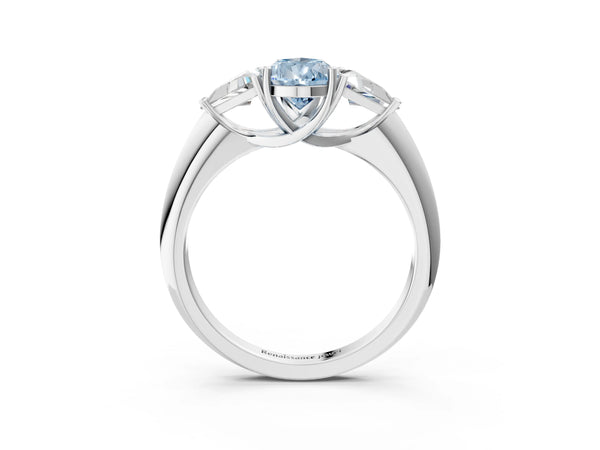 White gold Three-Stone Fancy Blue Pear Cut Cut Diamond Ring with Trillion Side Stones and Four-Prong Setting