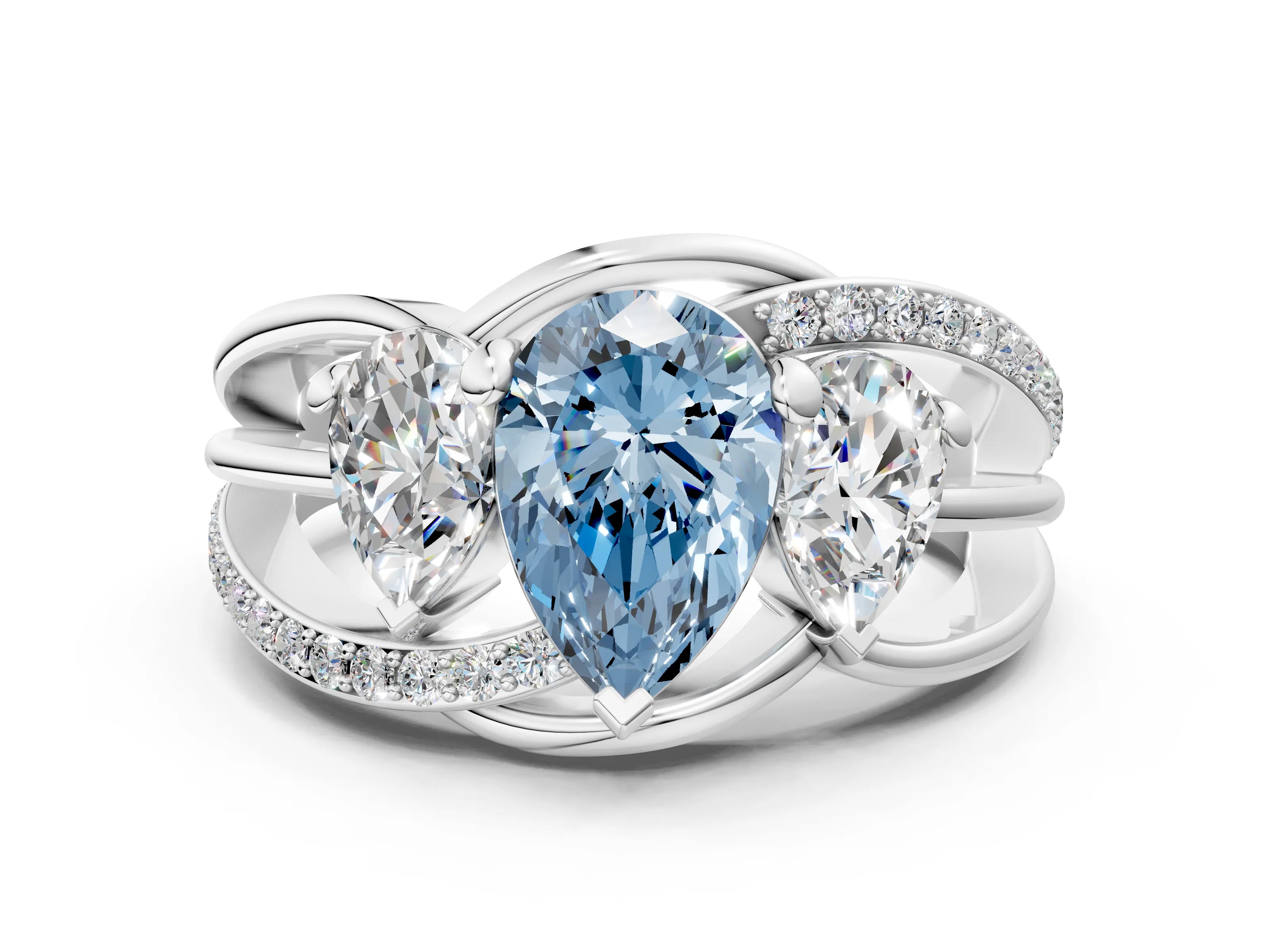White gold Three-Stone Fancy Blue Pear Cut Cut Diamond Split Shank Prong Set Ring_12