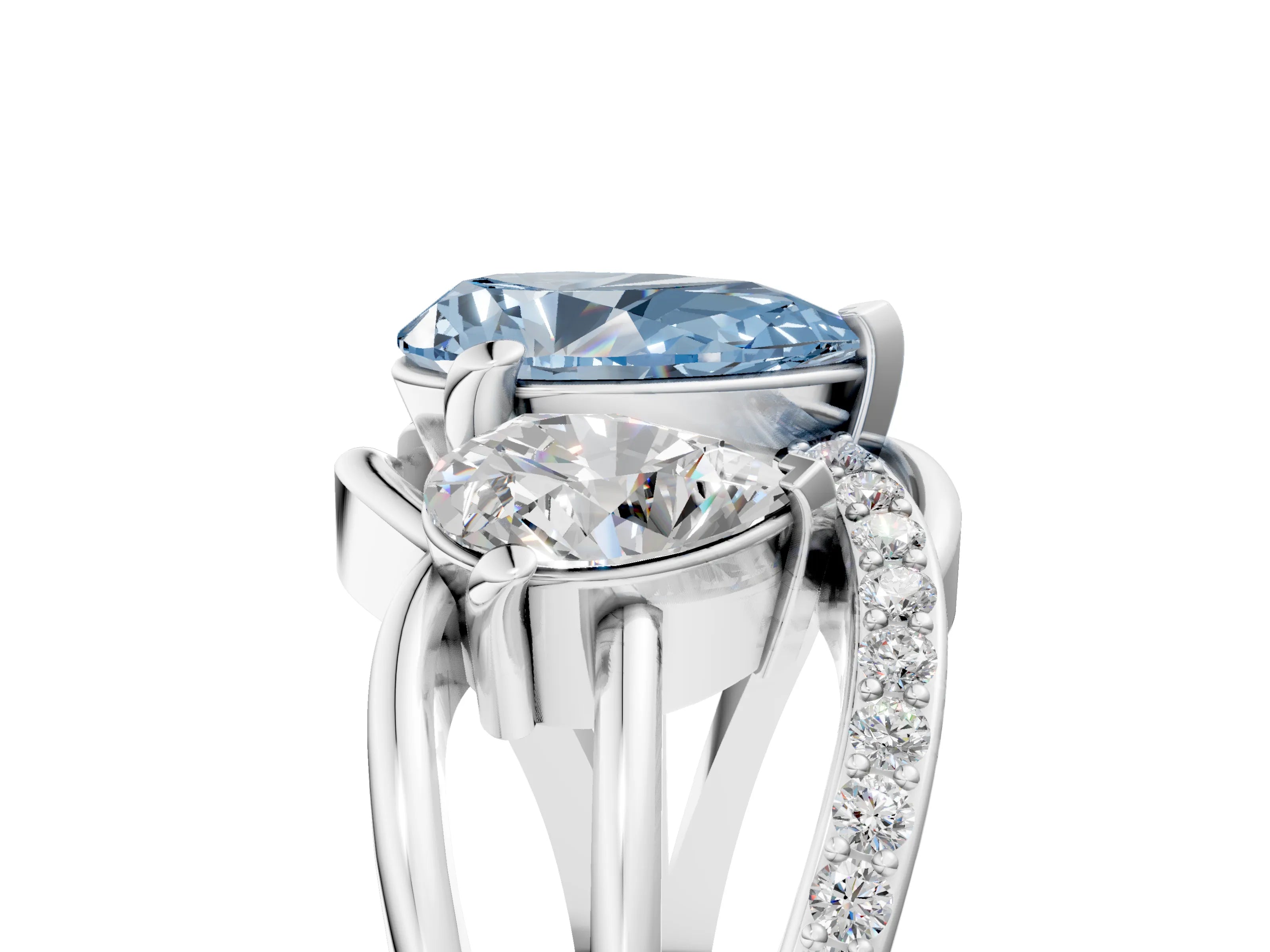 White gold Three-Stone Fancy Blue Pear Cut Cut Diamond Split Shank Prong Set Ring_17