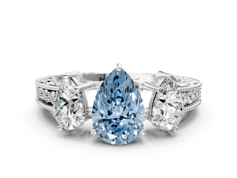 White gold Three-Stone Fancy Blue Pear Cut Cut Milgrain Pavé Engagement Ring_12
