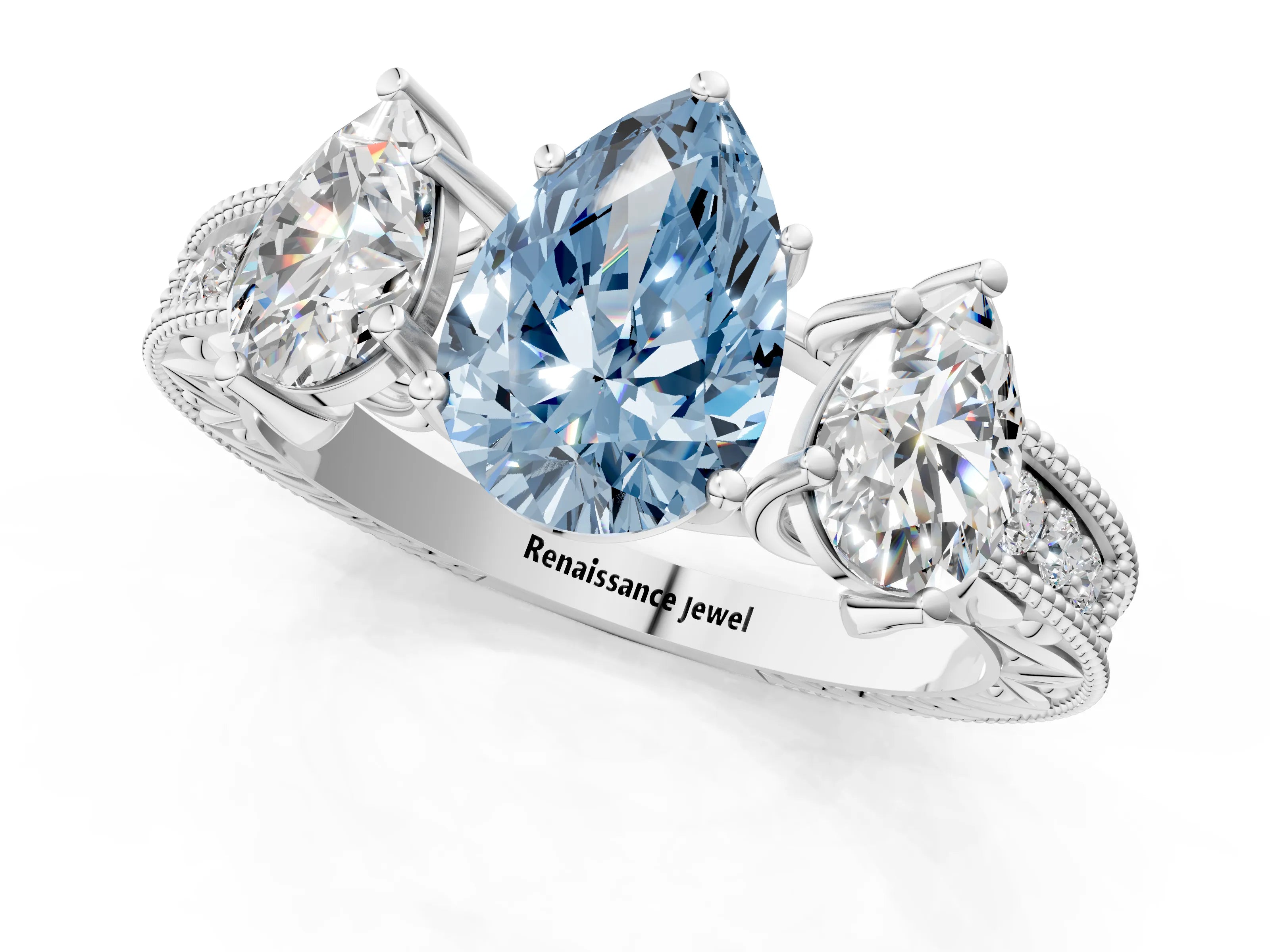 White gold Three-Stone Fancy Blue Pear Cut Cut Milgrain Pavé Engagement Ring_13