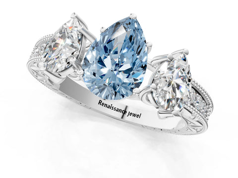 White gold Three-Stone Fancy Blue Pear Cut Cut Milgrain Pavé Engagement Ring_13