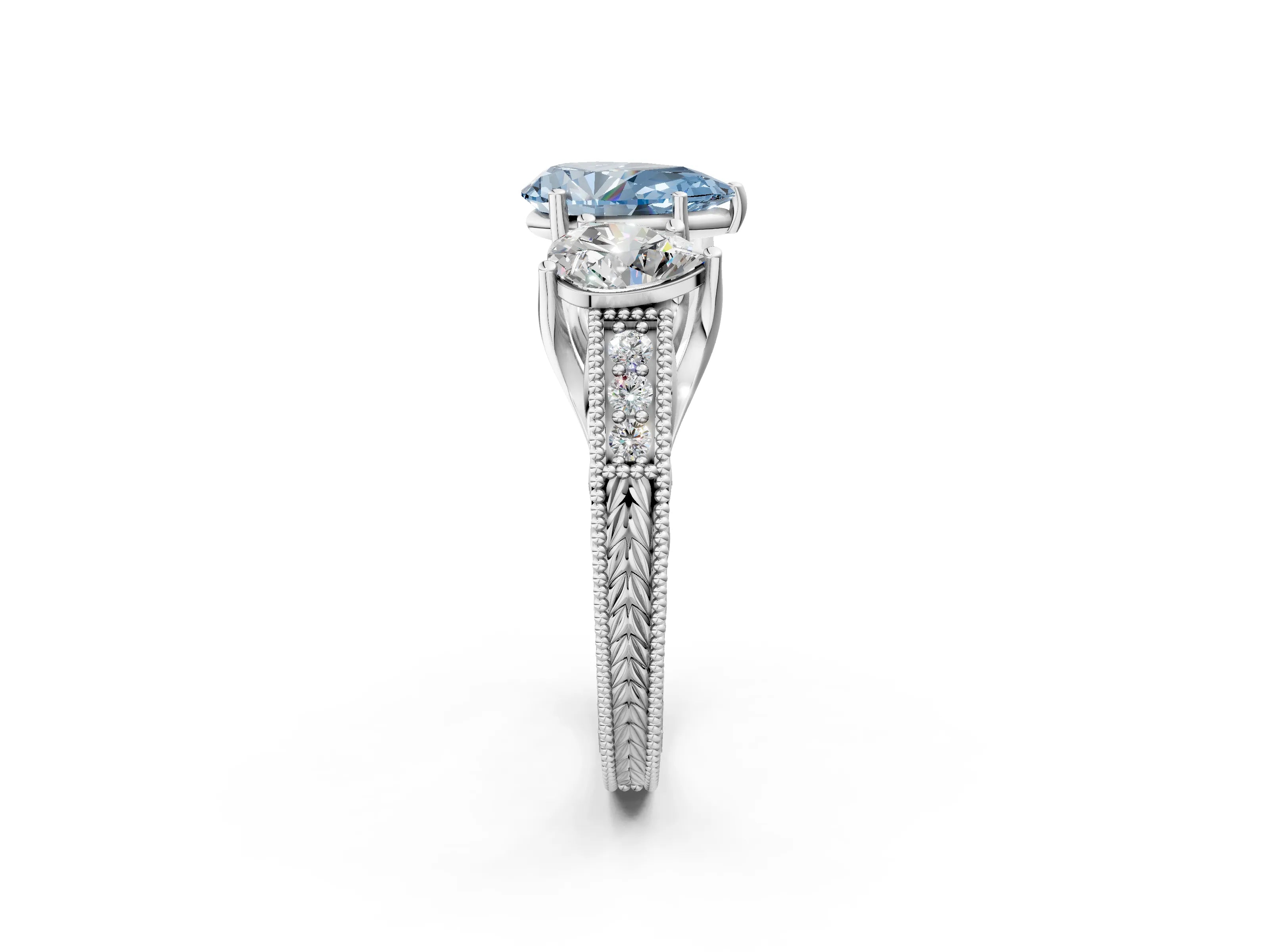 White gold Three-Stone Fancy Blue Pear Cut Cut Milgrain Pavé Engagement Ring_14