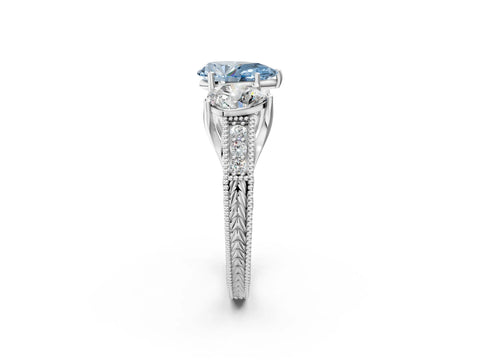 White gold Three-Stone Fancy Blue Pear Cut Cut Milgrain Pavé Engagement Ring_14