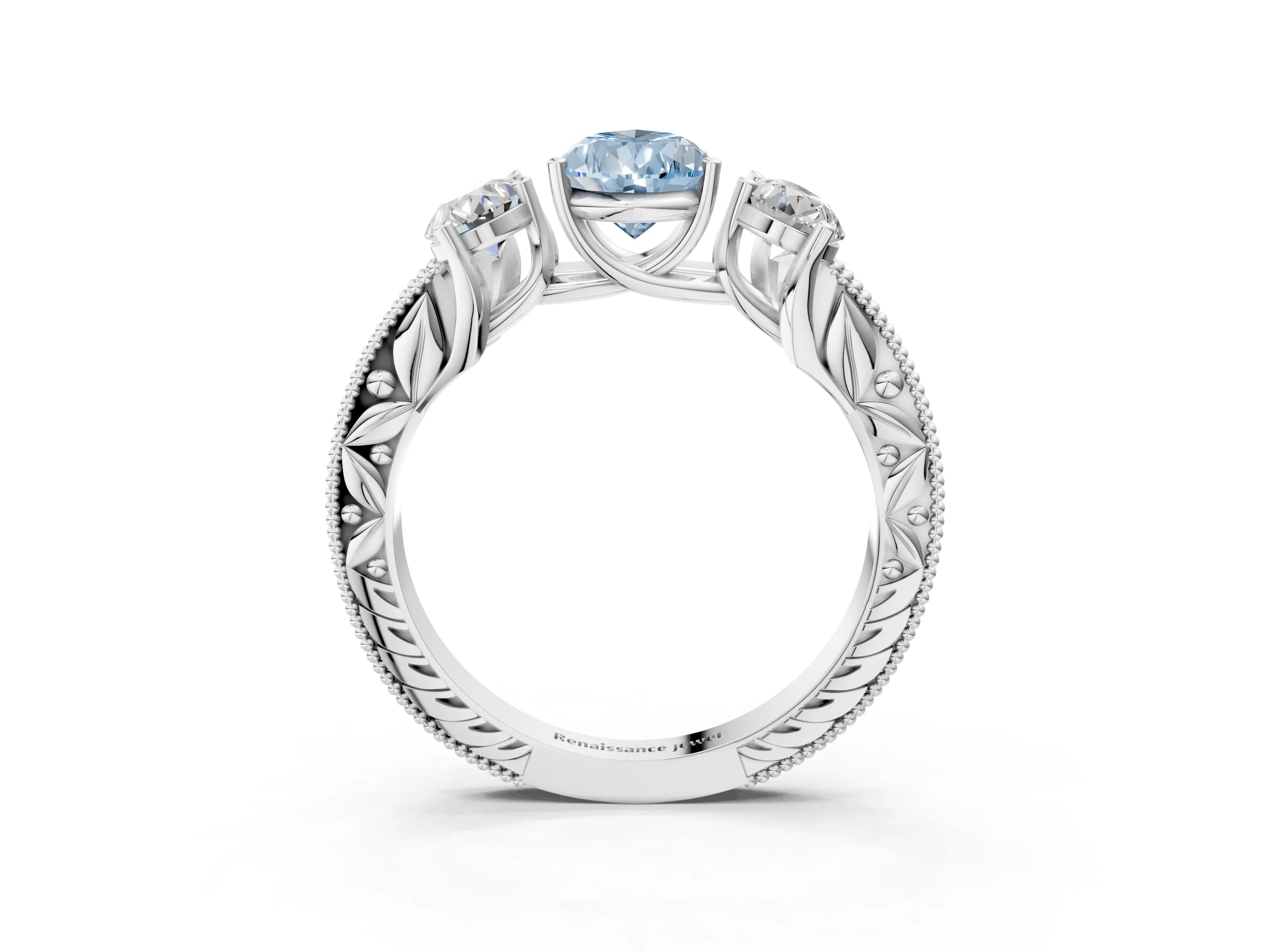 White gold Three-Stone Fancy Blue Pear Cut Cut Milgrain Pavé Engagement Ring_15