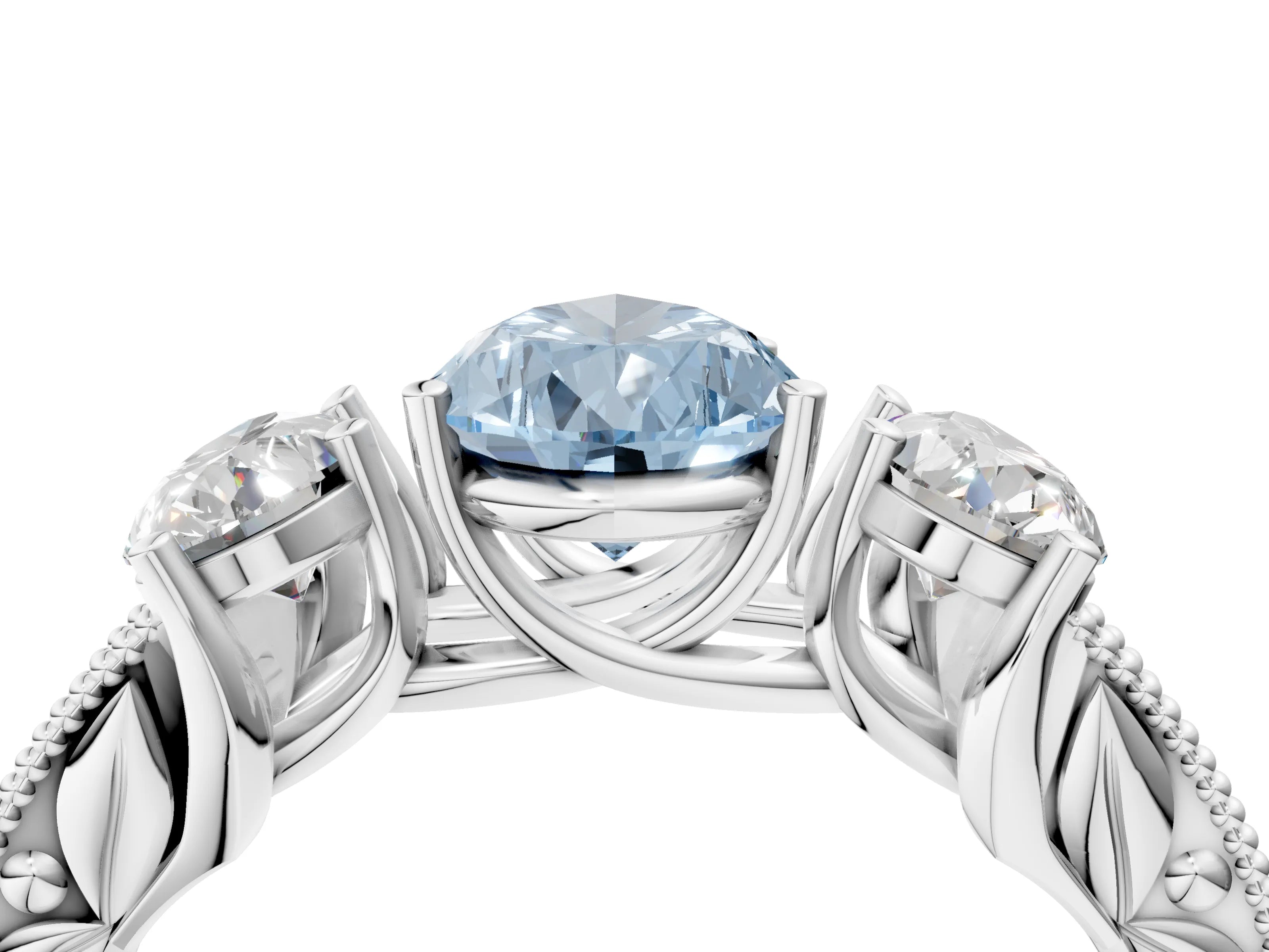 White gold Three-Stone Fancy Blue Pear Cut Cut Milgrain Pavé Engagement Ring_16