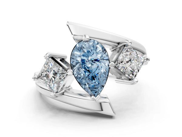 White gold Three-Stone Fancy Blue Pear Cut Cut Tension Band Ring with Four-Prong Setting