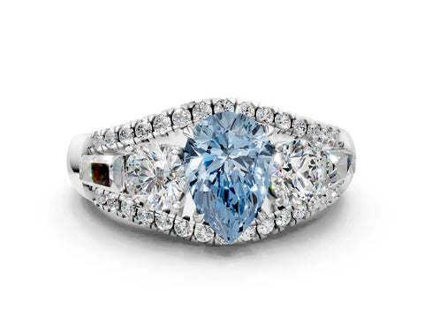 White gold Three-Stone Fancy Blue Pear Cut Diamond Engagement Ring with Pave Band and Prong Setting_12