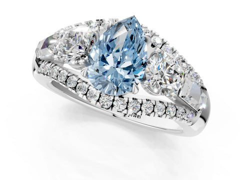 White gold Three-Stone Fancy Blue Pear Cut Diamond Engagement Ring with Pave Band and Prong Setting_13