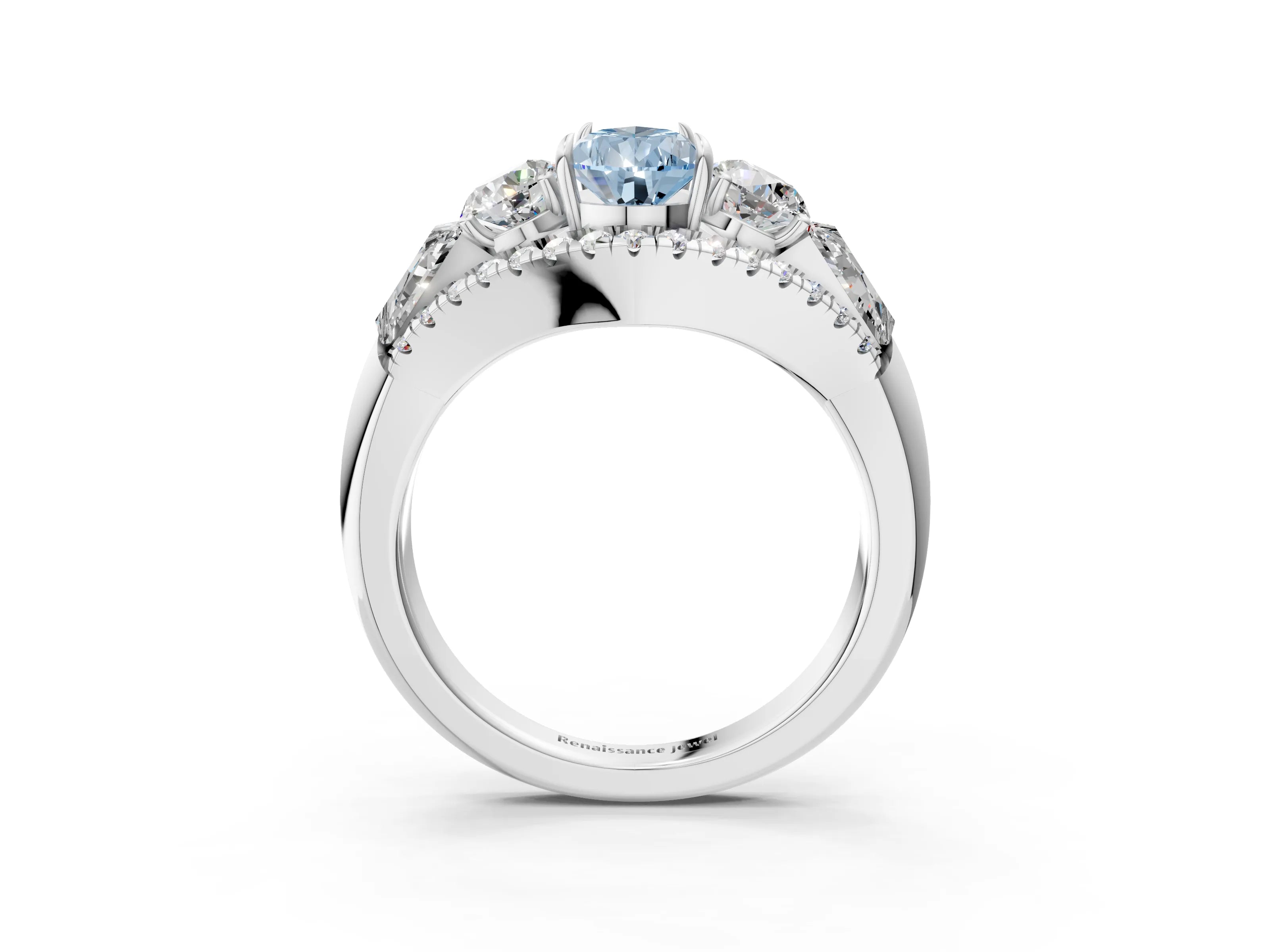 White gold Three-Stone Fancy Blue Pear Cut Diamond Engagement Ring with Pave Band and Prong Setting_15