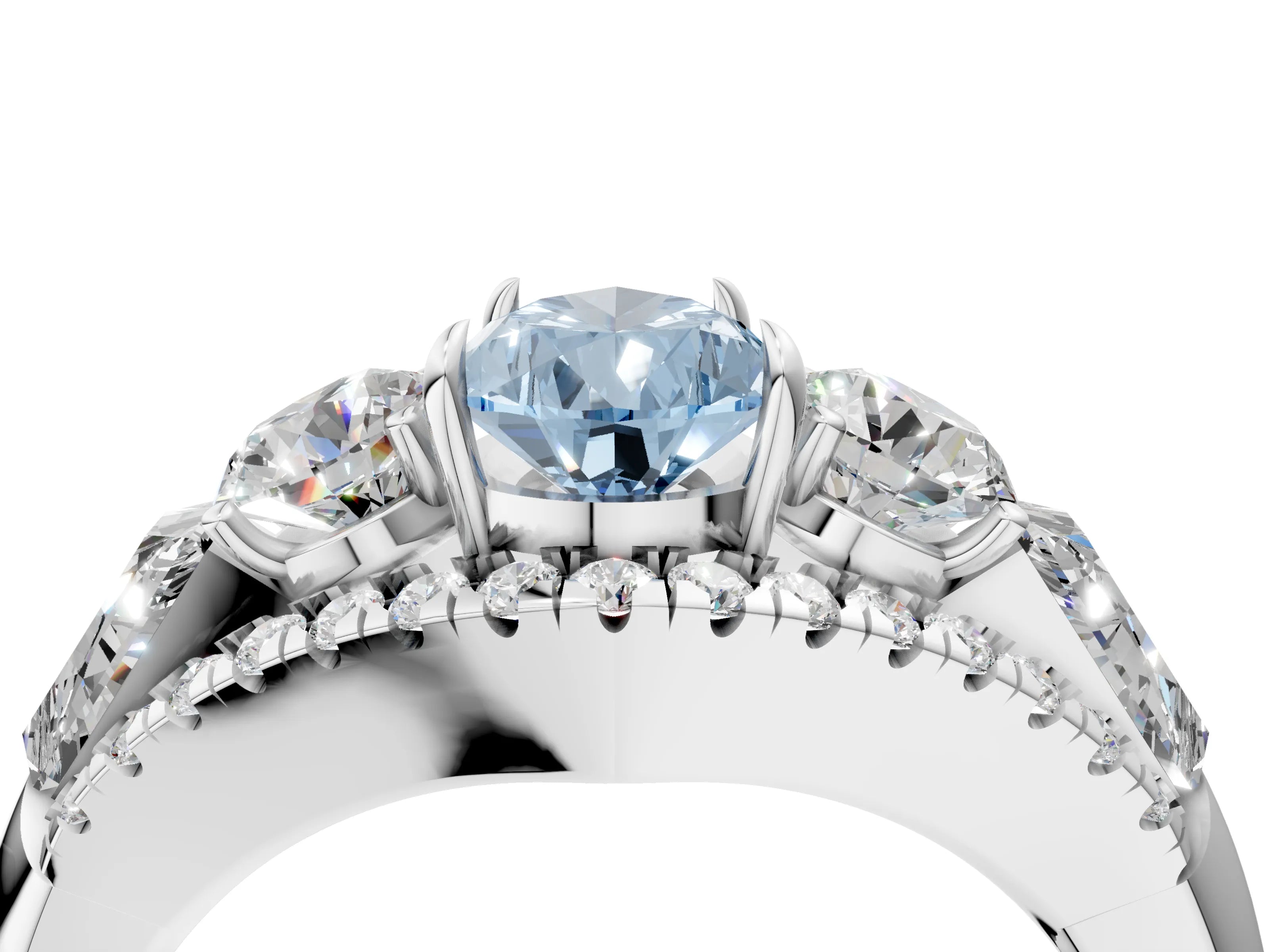 White gold Three-Stone Fancy Blue Pear Cut Diamond Engagement Ring with Pave Band and Prong Setting_16