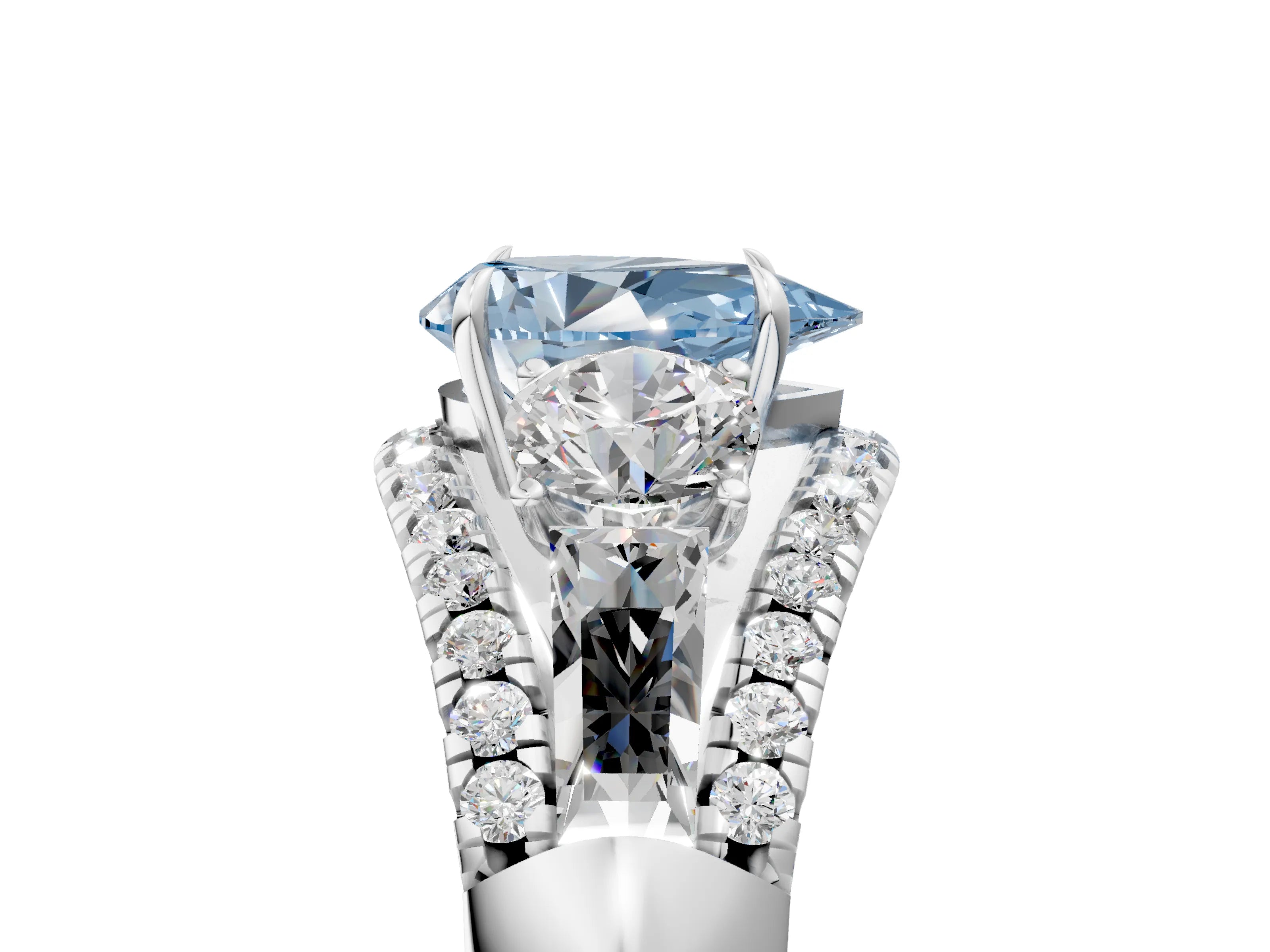 White gold Three-Stone Fancy Blue Pear Cut Diamond Engagement Ring with Pave Band and Prong Setting_17