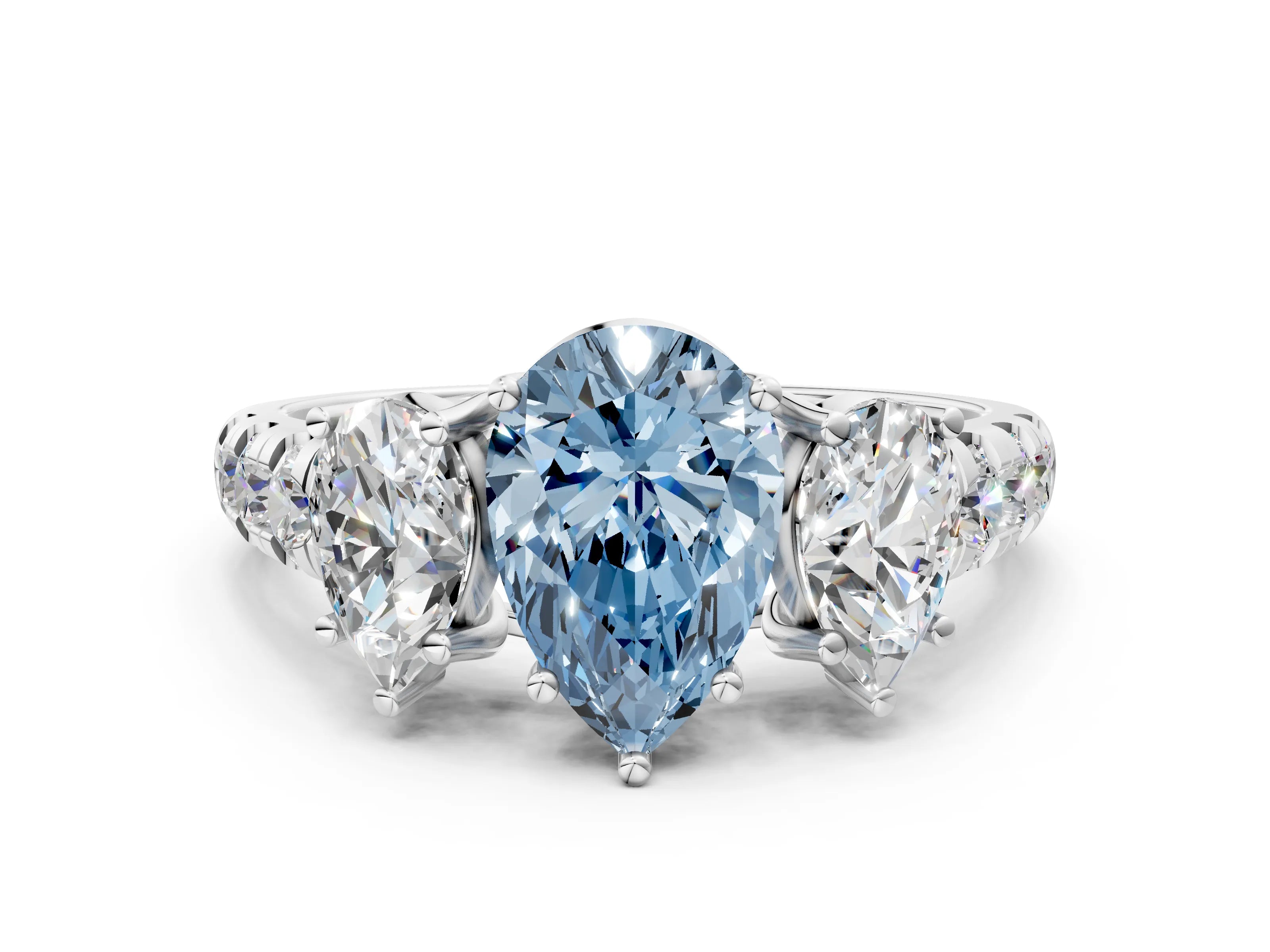 White gold Three-Stone Fancy Blue Pear Cut Diamond Pavé Band with Prong Setting_12
