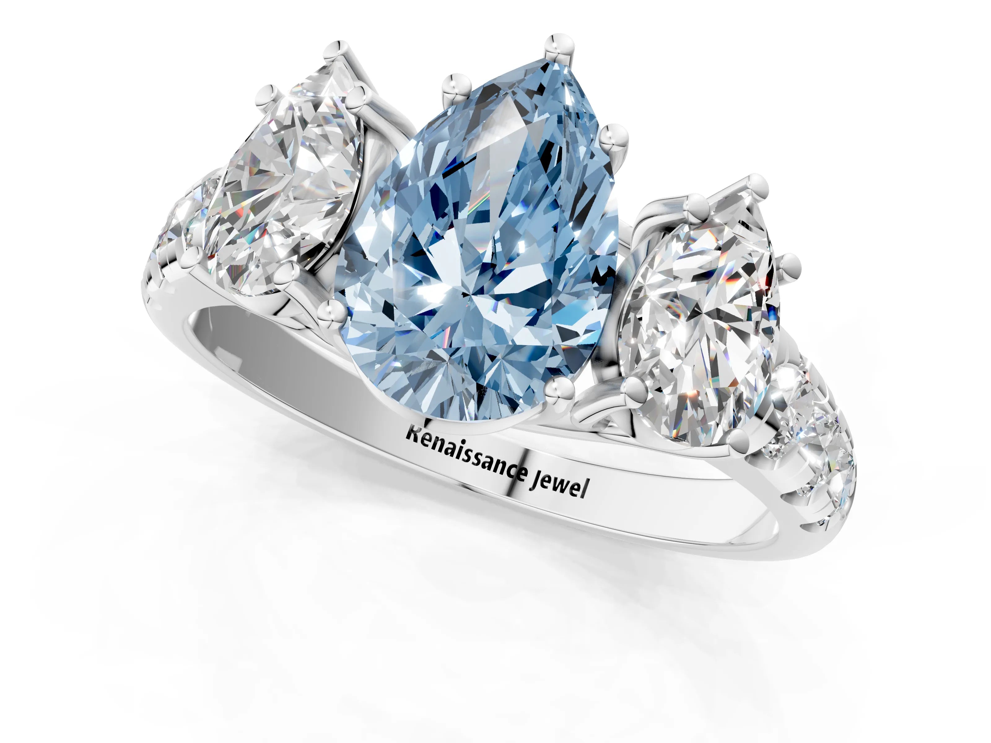 White gold Three-Stone Fancy Blue Pear Cut Diamond Pavé Band with Prong Setting_13