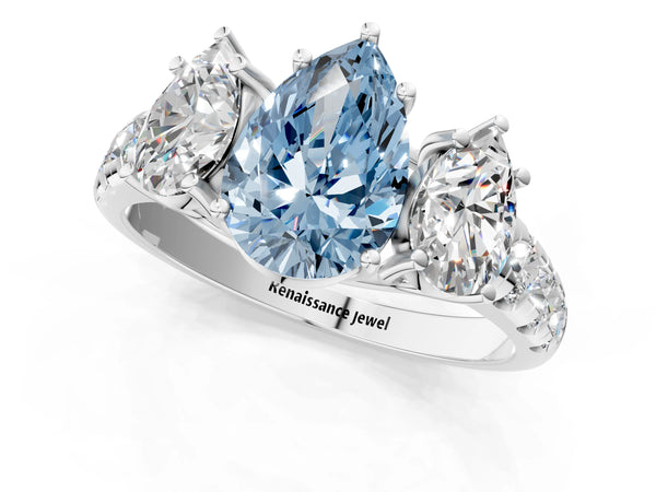 White gold Three-Stone Fancy Blue Pear Cut Diamond Pavé Band with Prong Setting