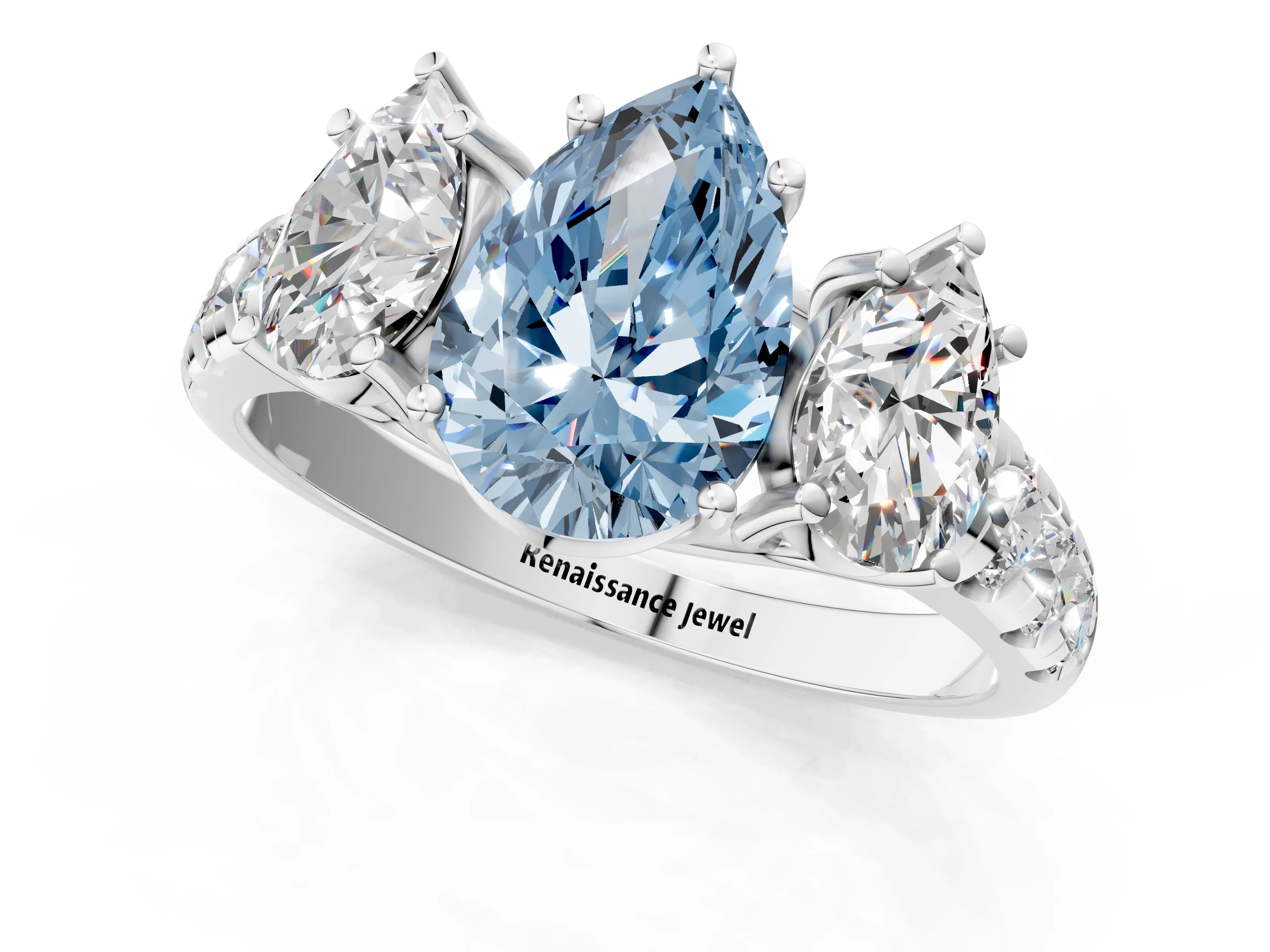 White gold Three-Stone Fancy Blue Pear Cut Diamond Pavé Band with Prong Setting_1