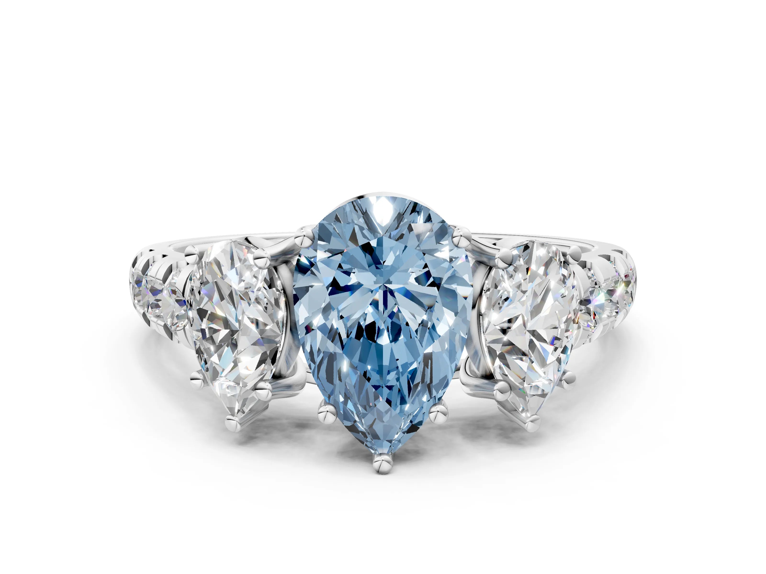 White gold Three-Stone Fancy Blue Pear Cut Diamond Pavé Band with Prong Setting