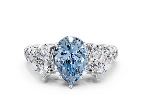 White gold Three-Stone Fancy Blue Pear Cut Diamond Pavé Band with Prong Setting