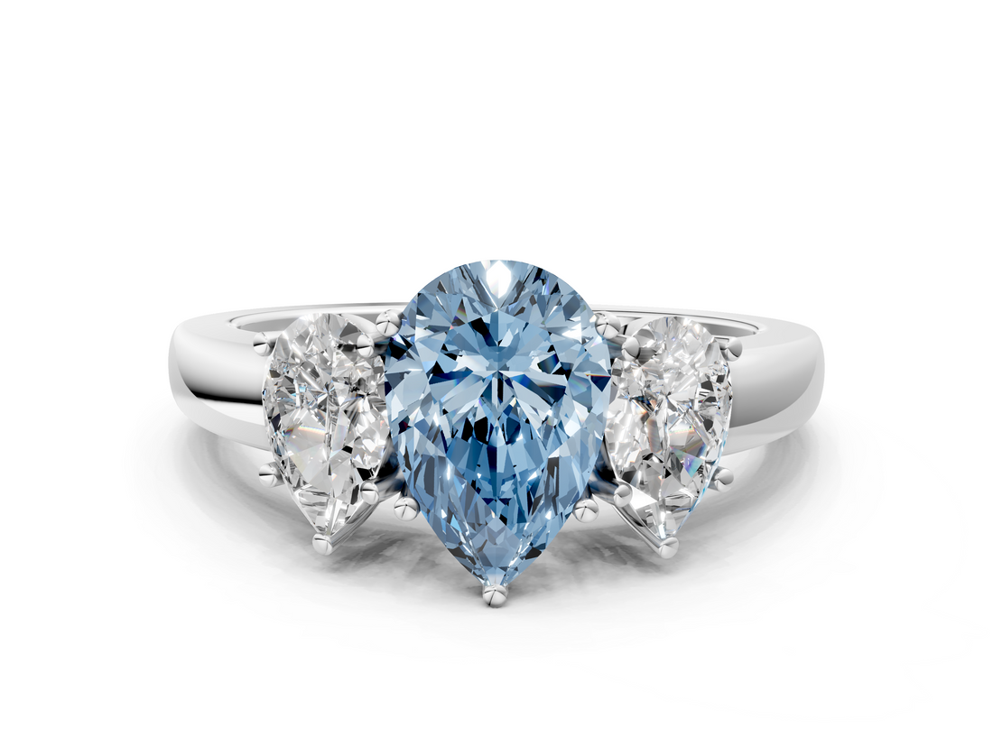 White gold Three-Stone Fancy Blue Pear  Cut Diamond Ring with Channel-Set Band and Four-Prong Setting_79