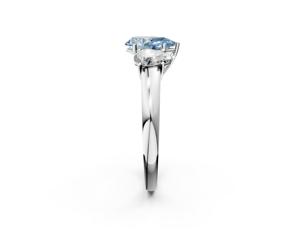 Platinum Fancy Blue Pear Cut Diamond Three-Stone Ring with Four-Prong Setting and Classic Band