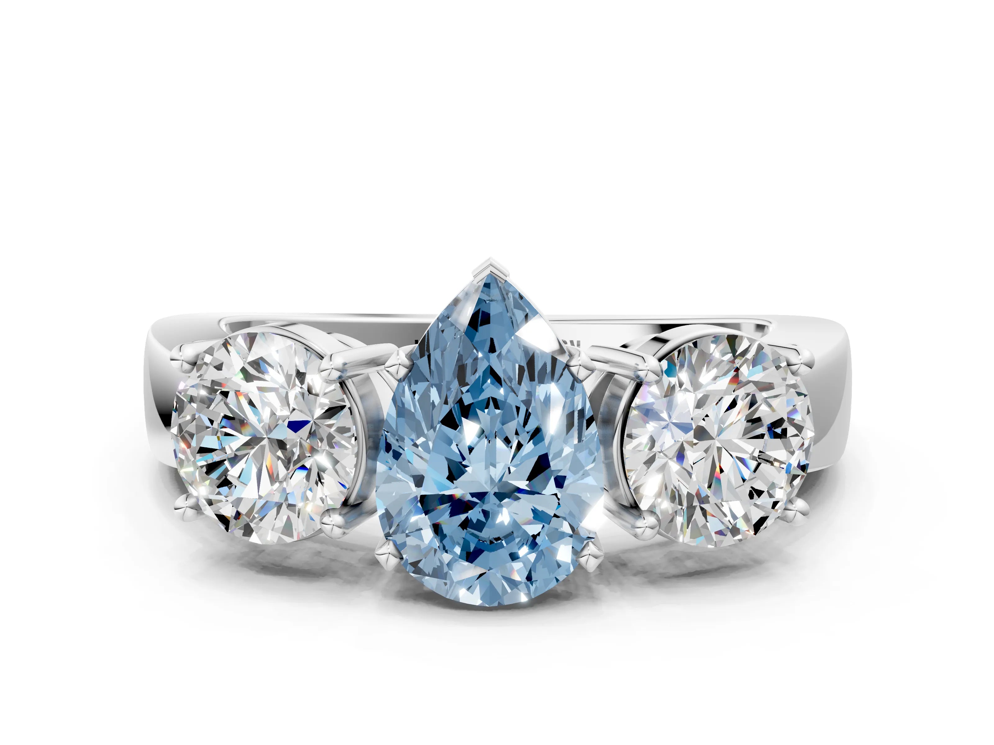 White gold Three-Stone Fancy Blue Pear Cut Diamond Ring with Round Side Stones, Classic Band, and Four-Prong Setting_24