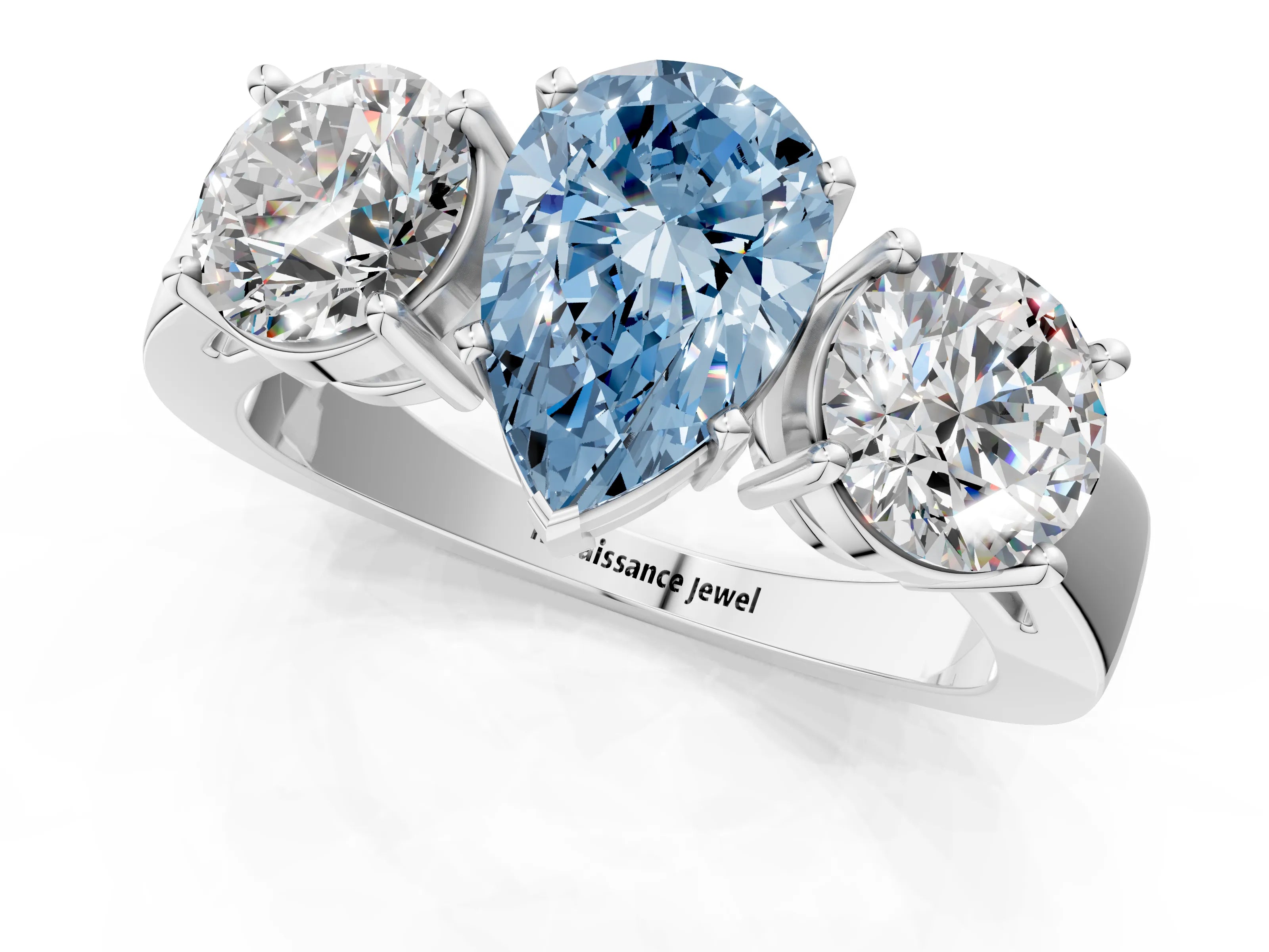 White gold Three-Stone Fancy Blue Pear Cut Diamond Ring with Round Side Stones, Classic Band, and Four-Prong Setting_25