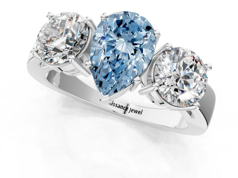 White gold Three-Stone Fancy Blue Pear Cut Diamond Ring with Round Side Stones, Classic Band, and Four-Prong Setting_25