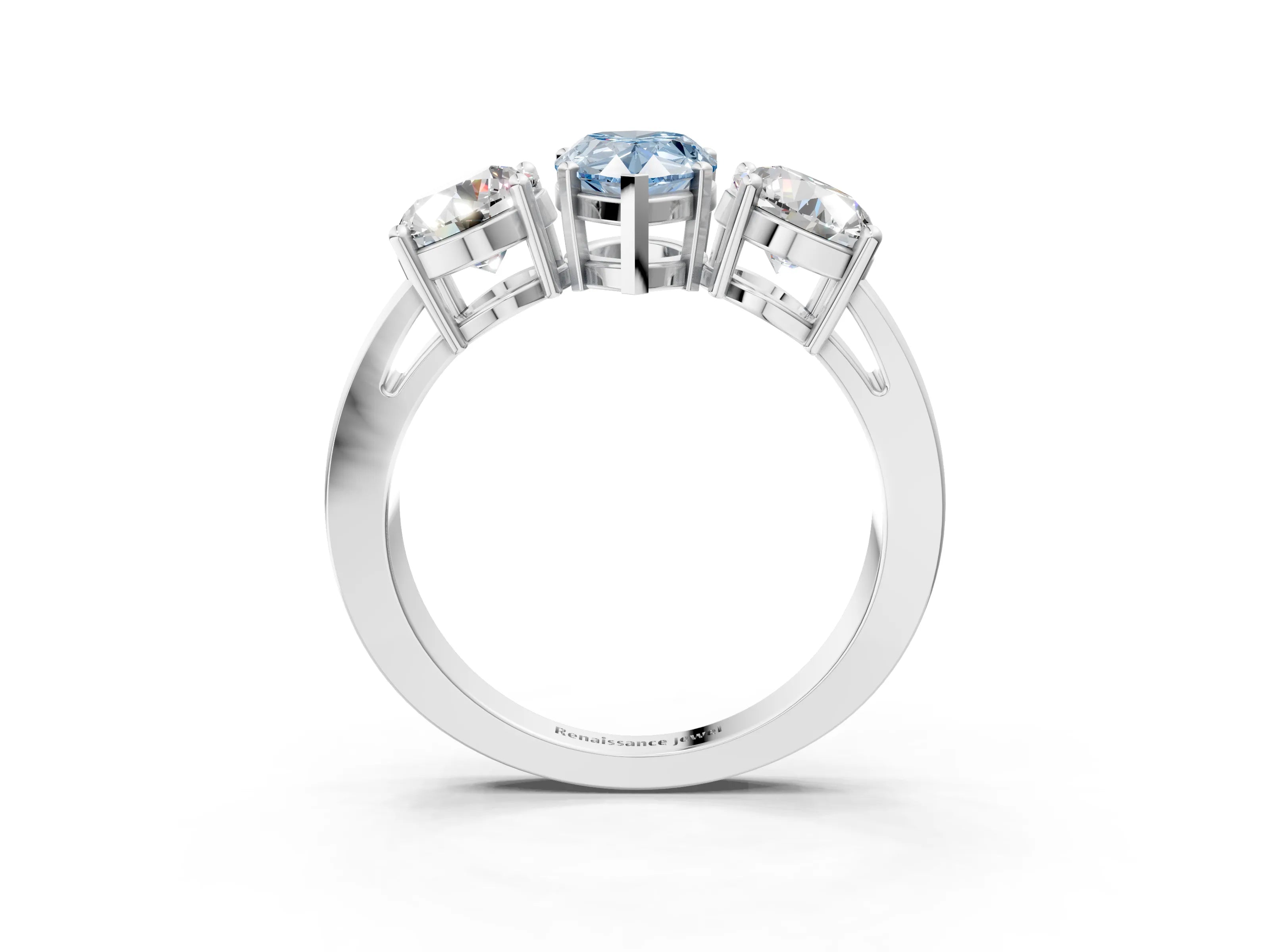 White gold Three-Stone Fancy Blue Pear Cut Diamond Ring with Round Side Stones, Classic Band, and Four-Prong Setting_27