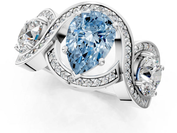 White gold Three-Stone Fancy Blue Pear Cut Diamond Wave Pave Band with Prong Setting