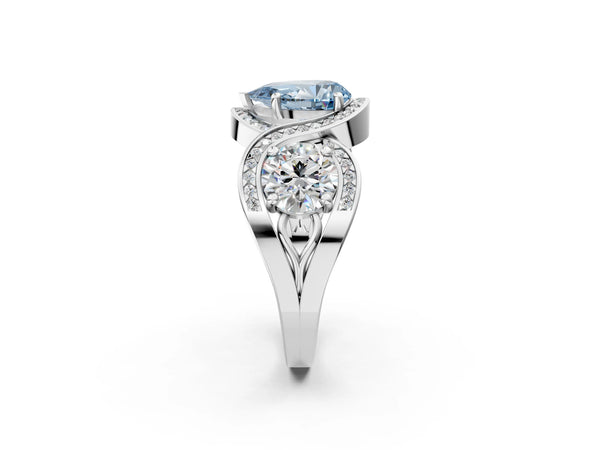 White gold Three-Stone Fancy Blue Pear Cut Diamond Wave Pave Band with Prong Setting