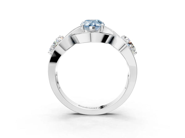 White gold Three-Stone Fancy Blue Pear Cut Diamond Wave Pave Band with Prong Setting