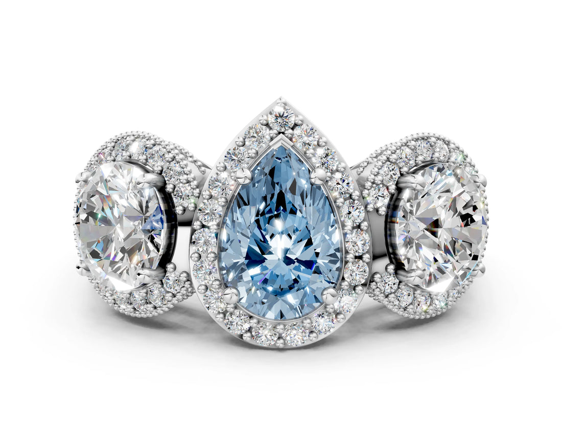 White gold Three-Stone Fancy Blue Pear Cut Halo Diamond Milgrain Band with Four-Prong Setting