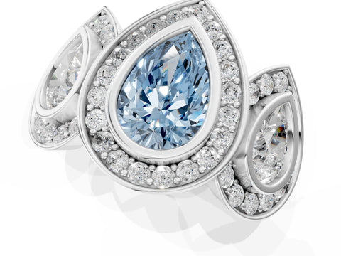 White gold Three-Stone Fancy Blue Pear Cut Halo Pavé Diamond Ring_1