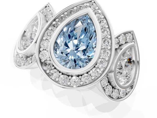 White gold Three-Stone Fancy Blue Pear Cut Halo Pavé Diamond Ring
