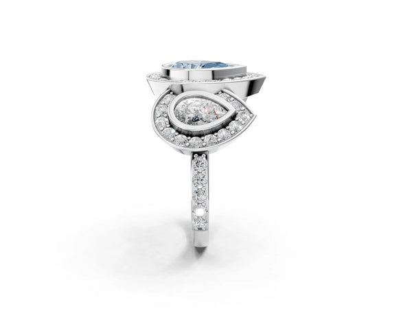 White gold Three-Stone Fancy Blue Pear Cut Halo Pavé Diamond Ring