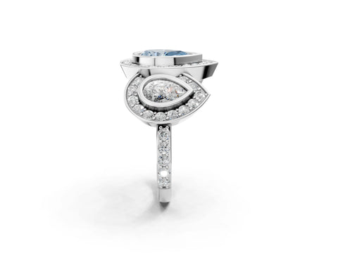 White gold Three-Stone Fancy Blue Pear Cut Halo Pavé Diamond Ring_2