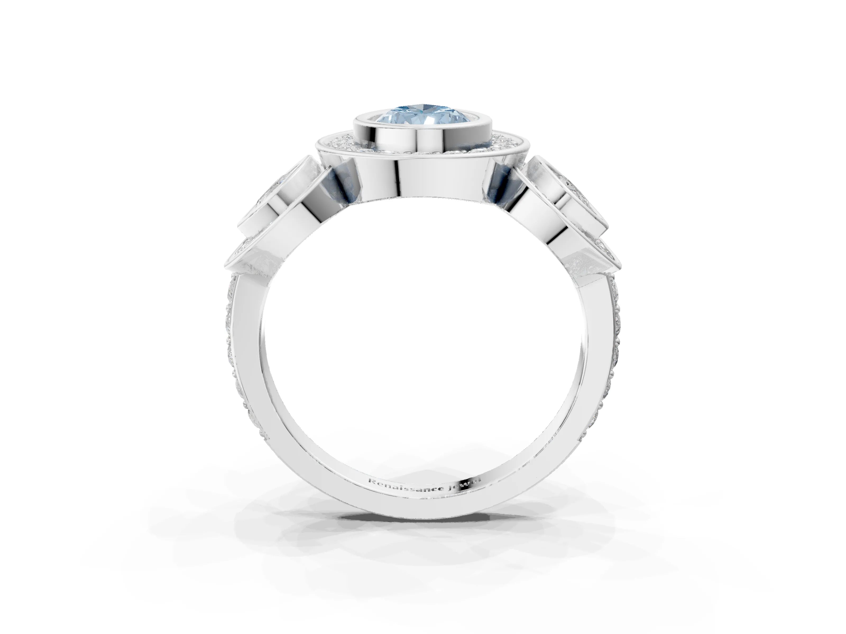White gold Three-Stone Fancy Blue Pear Cut Halo Pavé Diamond Ring_3