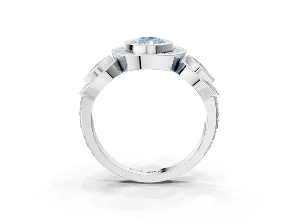 White gold Three-Stone Fancy Blue Pear Cut Halo Pavé Diamond Ring