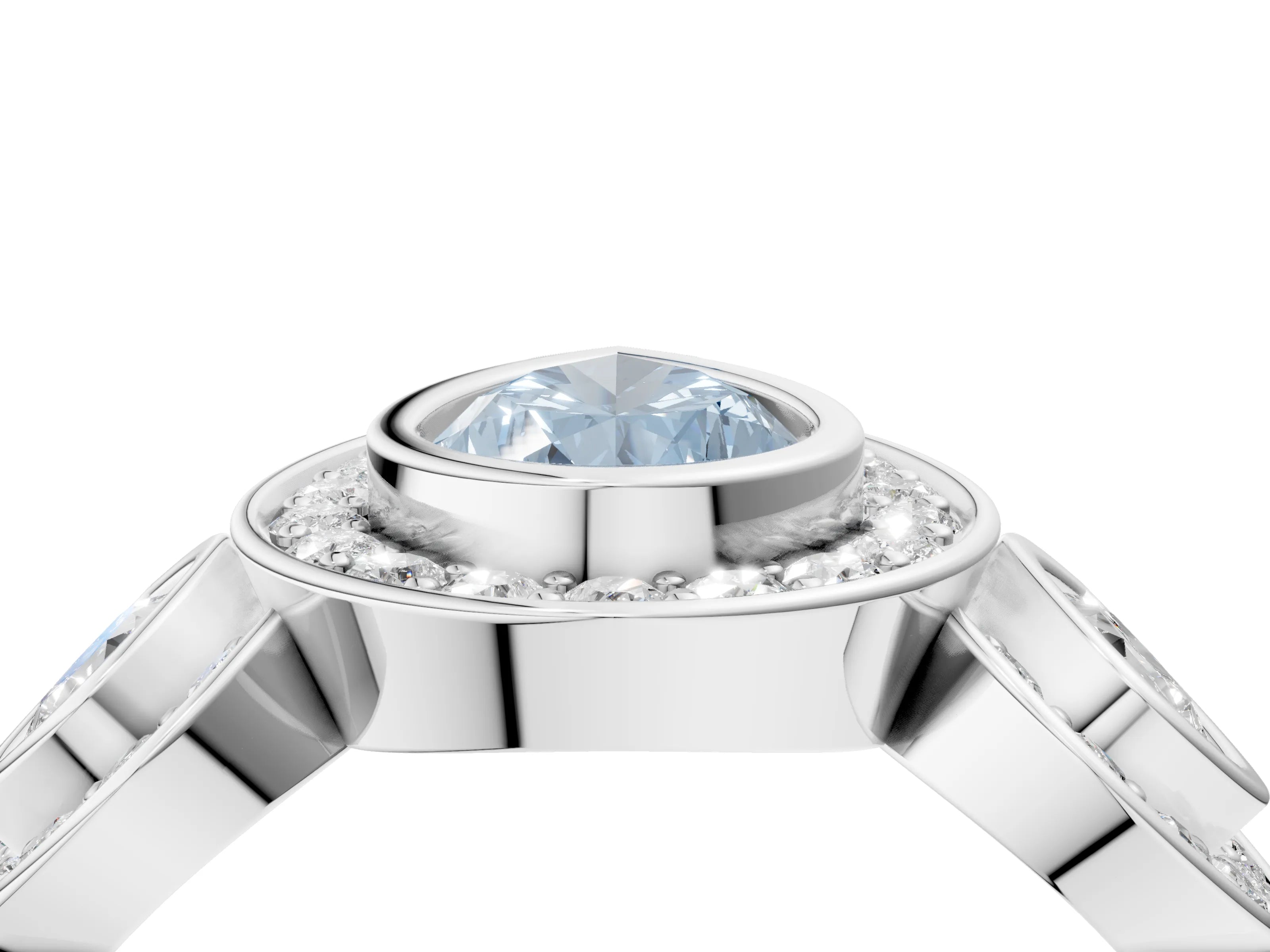 White gold Three-Stone Fancy Blue Pear Cut Halo Pavé Diamond Ring_4