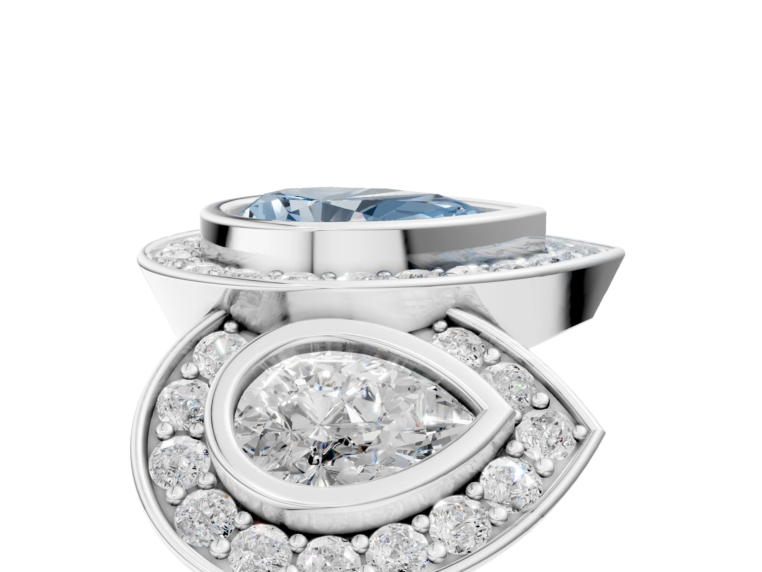 White gold Three-Stone Fancy Blue Pear Cut Halo Pavé Diamond Ring_5