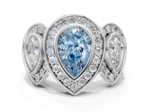 White gold Three-Stone Fancy Blue Pear Cut Halo Pavé Diamond Ring