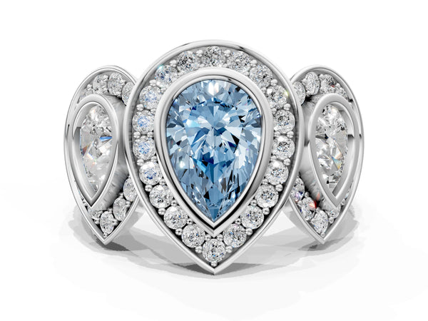 White gold Three-Stone Fancy Blue Pear Cut Halo Pavé Diamond Ring