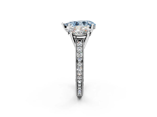 White Gold Pear-Shaped Three-Stone Engagement Ring Setting for Fancy Blue Center with Pave Band