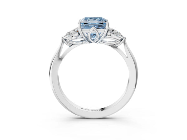 White gold Three-Stone Fancy Blue Princess Cut Brilliant Diamond Solitaire Ring with Tapered Band and Four-Prong Setting