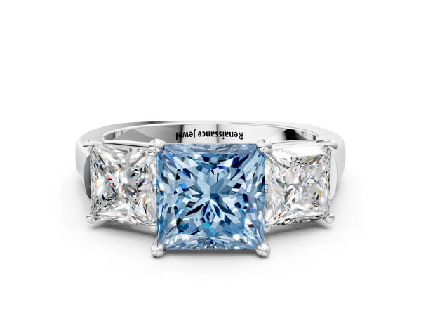 Platinum Three-Stone Fancy Blue Princess Cut Brilliant Diamond Trellis Ring with Comfort Fit Band