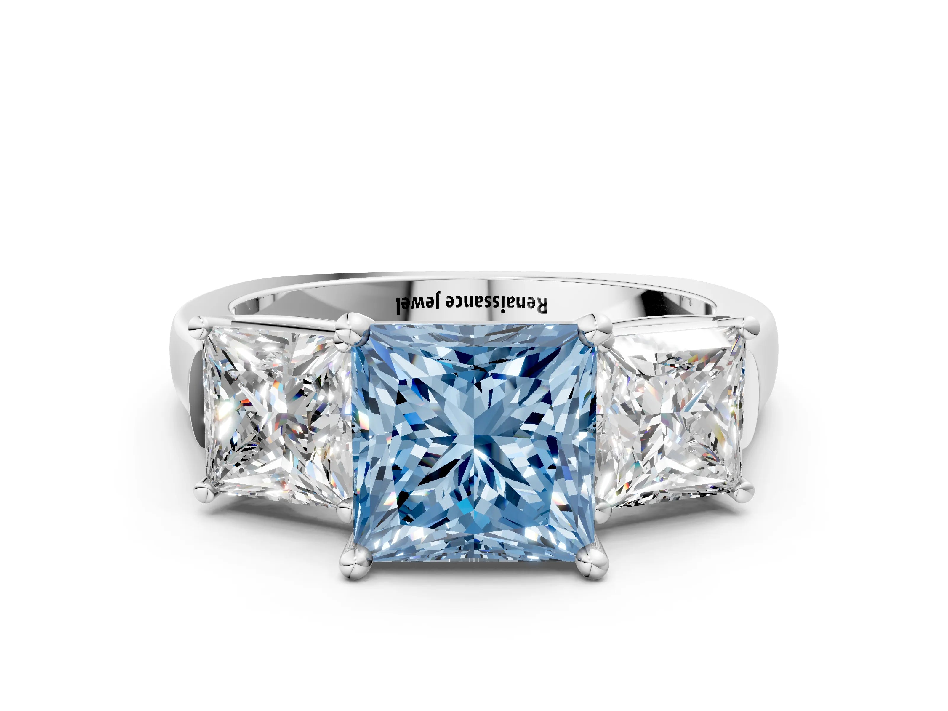 White gold Three-Stone Fancy Blue Princess Cut Brilliant Diamond Trellis Ring with Comfort Fit Band_12