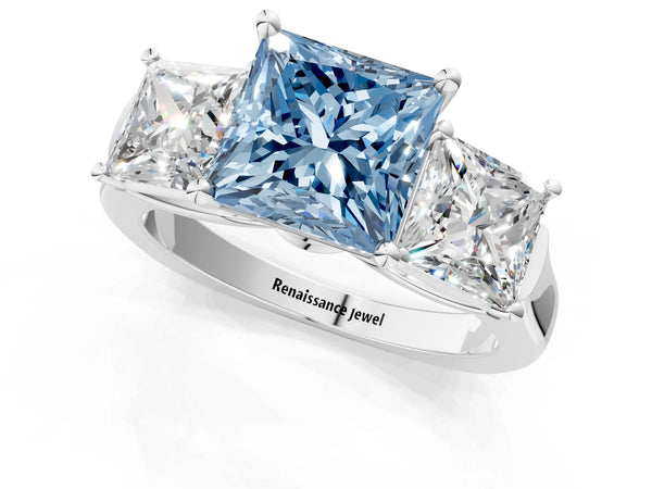 Platinum Three-Stone Fancy Blue Princess Cut Brilliant Diamond Trellis Ring with Comfort Fit Band