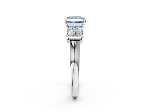 Platinum Three-Stone Fancy Blue Princess Cut Brilliant Diamond Trellis Ring with Comfort Fit Band