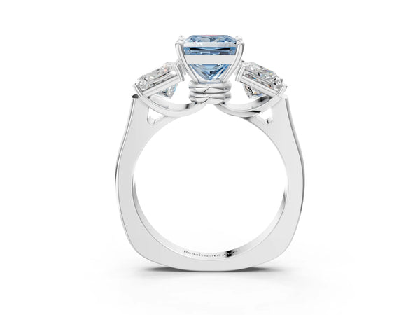 Platinum Three-Stone Fancy Blue Princess Cut Brilliant Diamond Trellis Ring with Comfort Fit Band