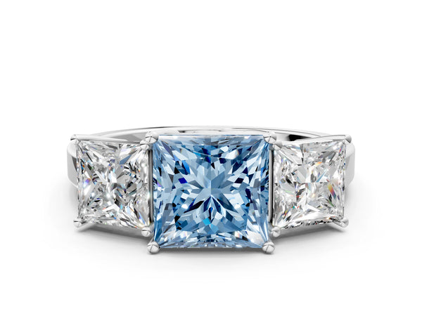 Platinum Three-Stone Fancy Blue Princess Cut Cut Diamond Engagement Ring with Flat Band and Four-Prong Setting